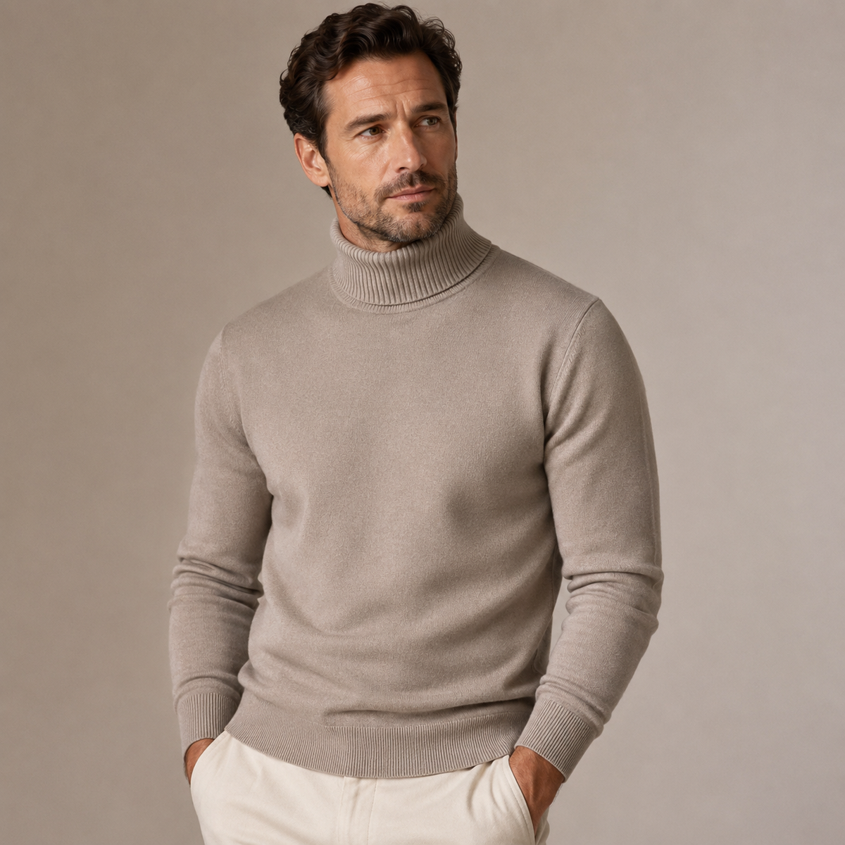 Men's fine-knit roll neck jumper with ribbed trims