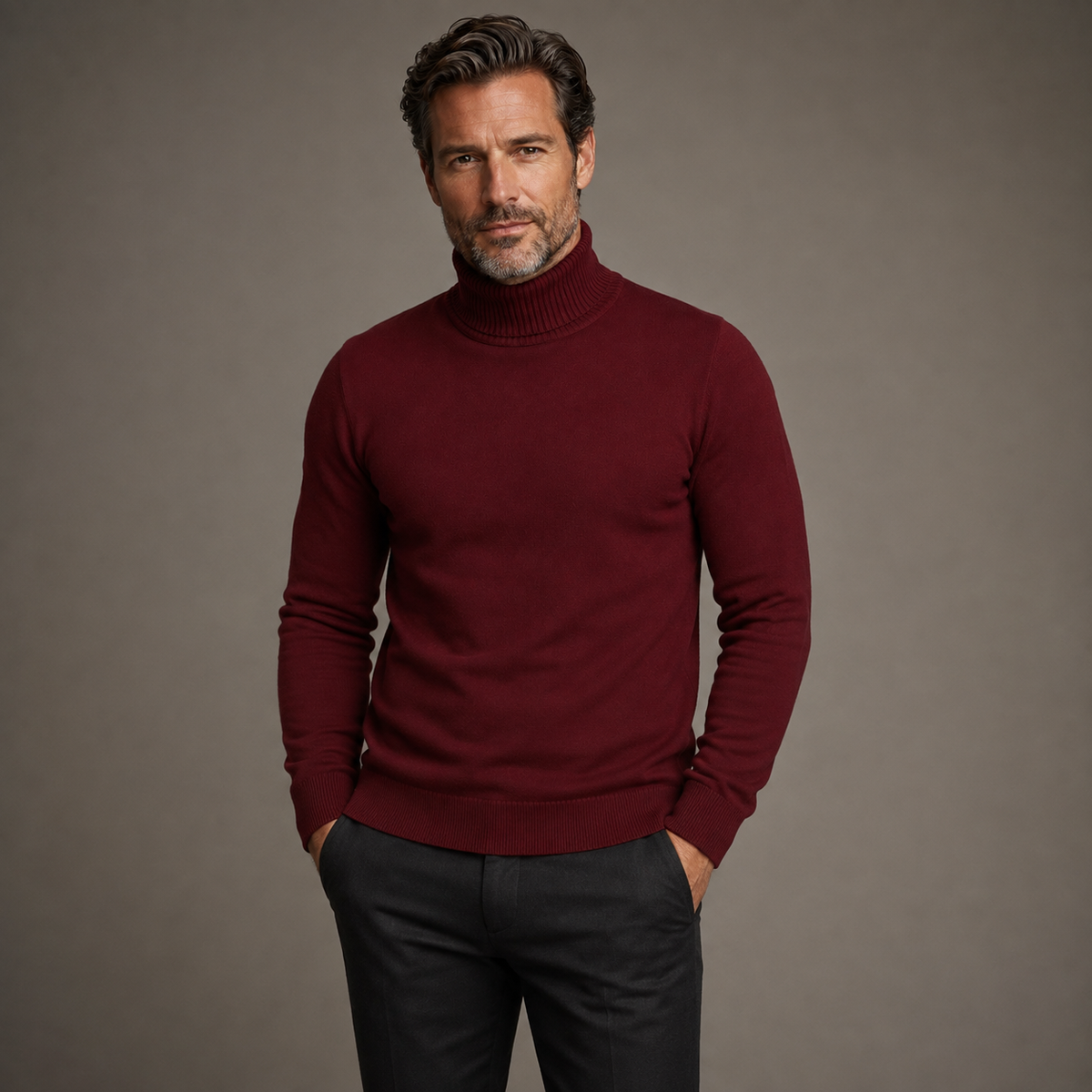 Men's fine-knit roll neck jumper with ribbed trims