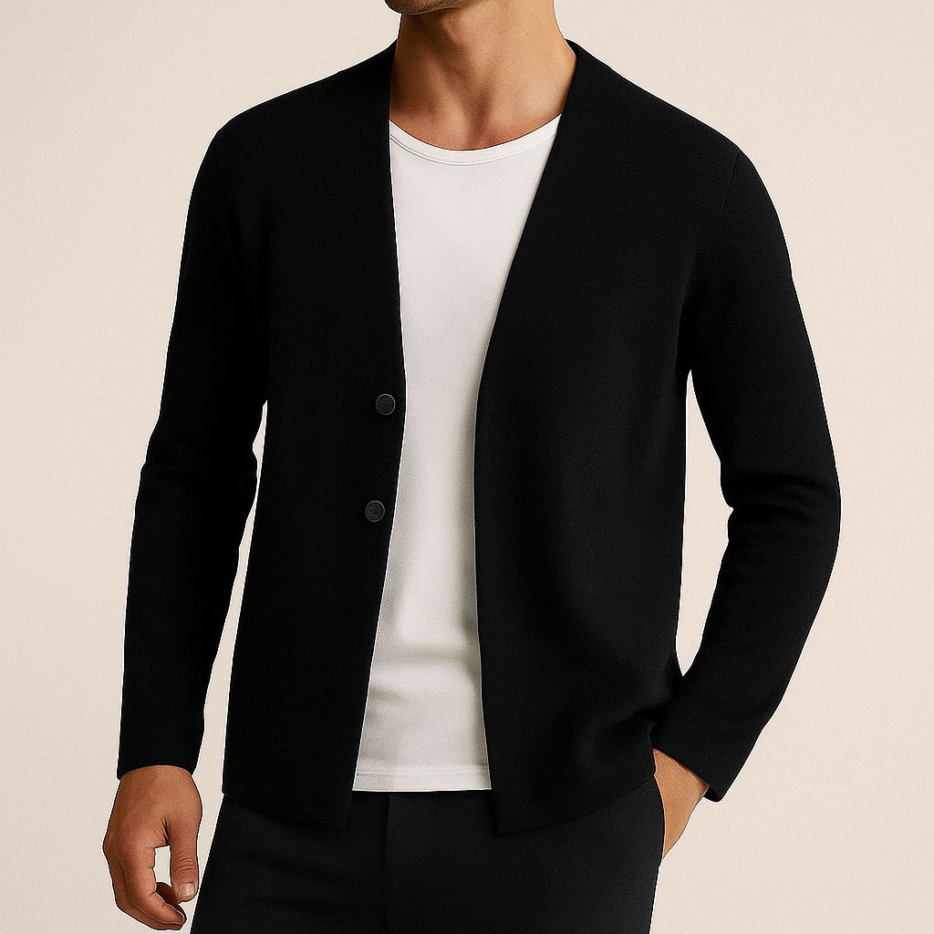 Men's fine knit cardigan with a deep V-neck and two buttons - black