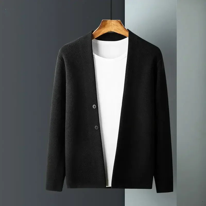 Men's fine knit cardigan with a deep V-neck and two buttons - view 4