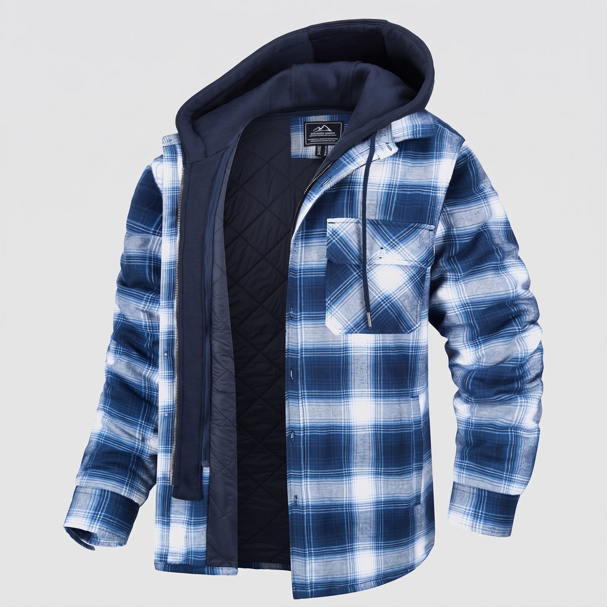 Men's checked flannel shirt jacket with a detachable hood - blue and white