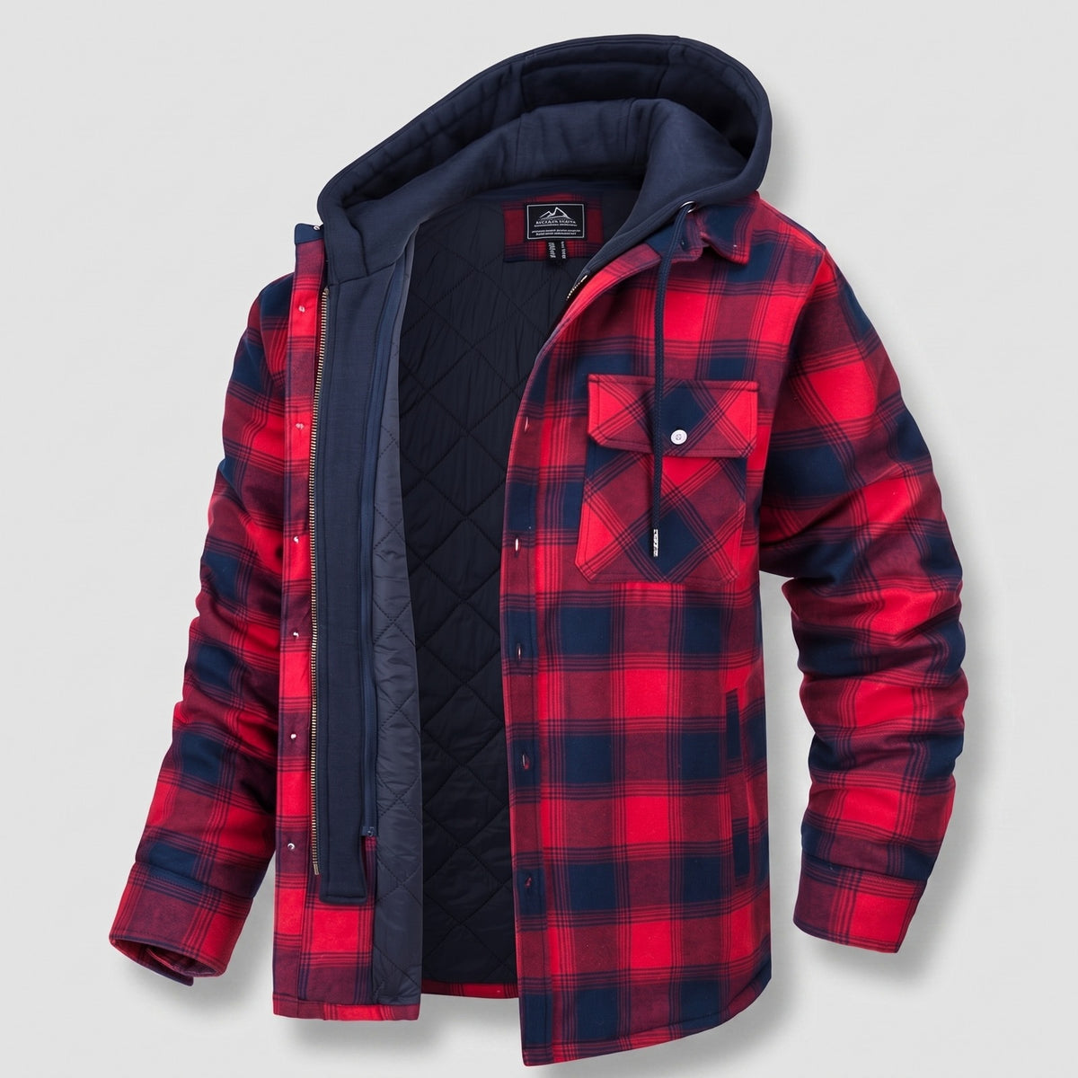 Men's checked flannel shirt jacket with a detachable hood - red