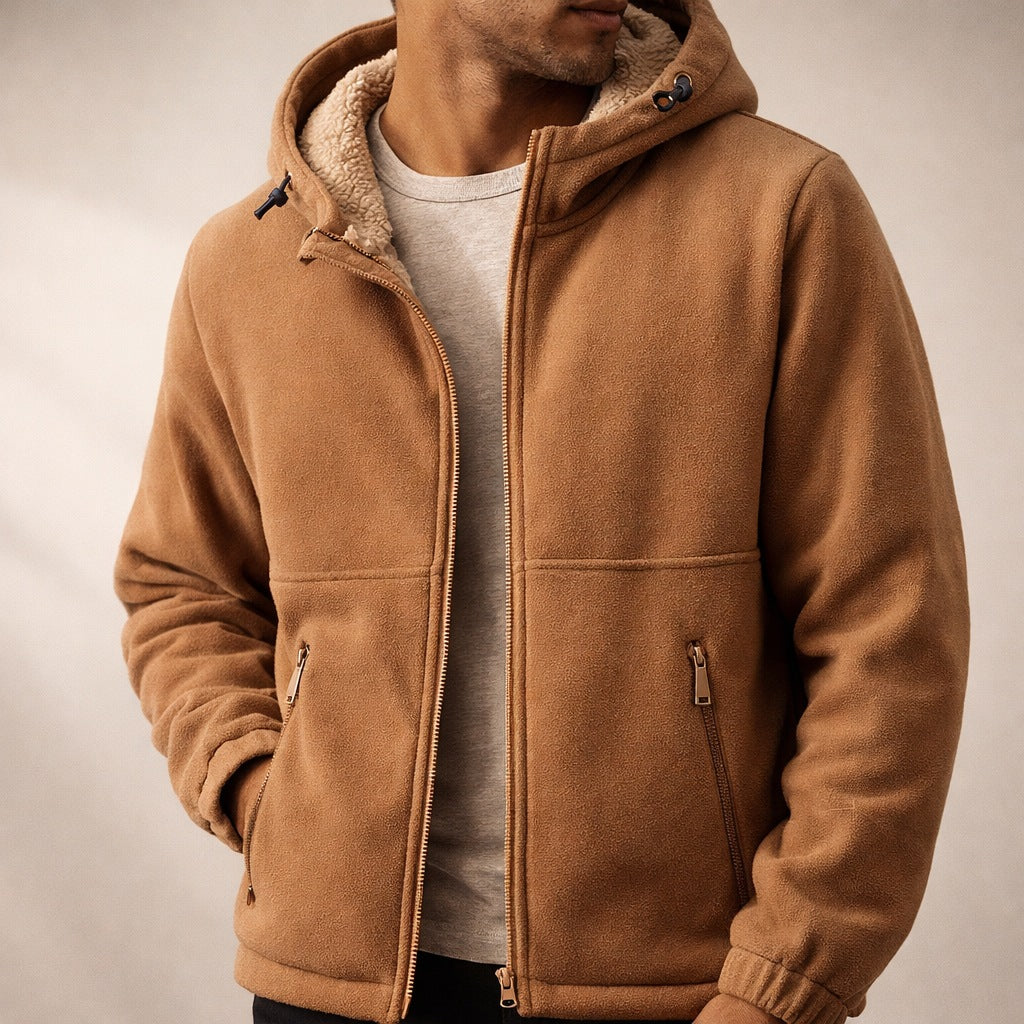 Men's fleece jacket with a teddy lining and an adjustable hood - caramel