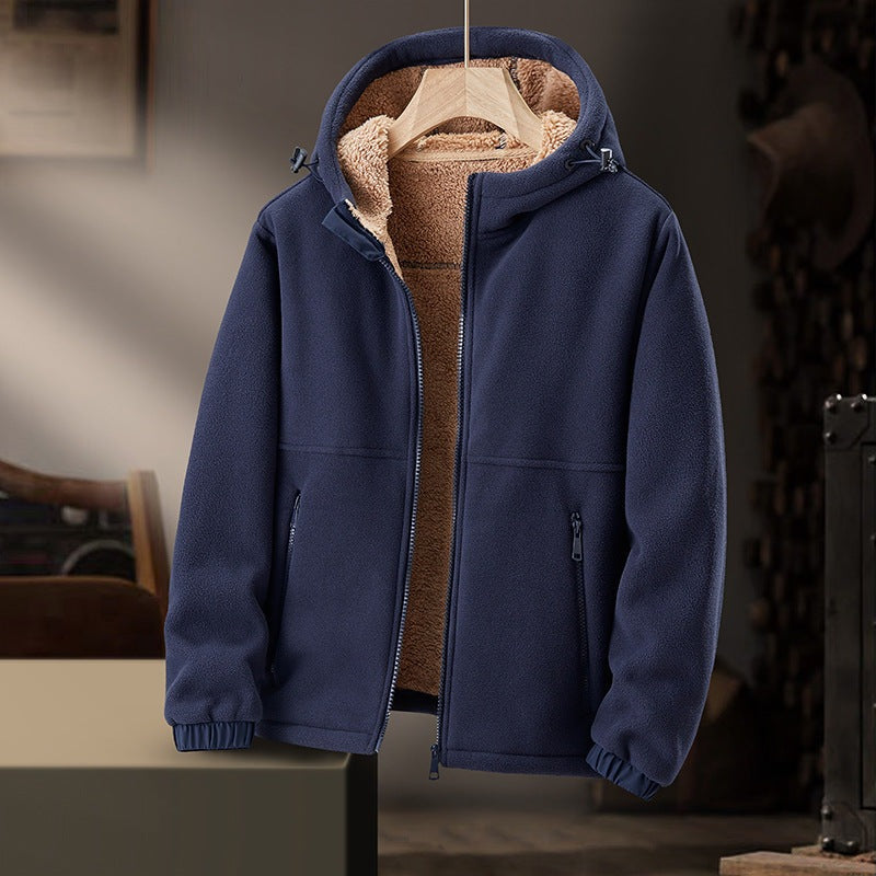 Men's fleece jacket with a teddy lining and an adjustable hood - navy
