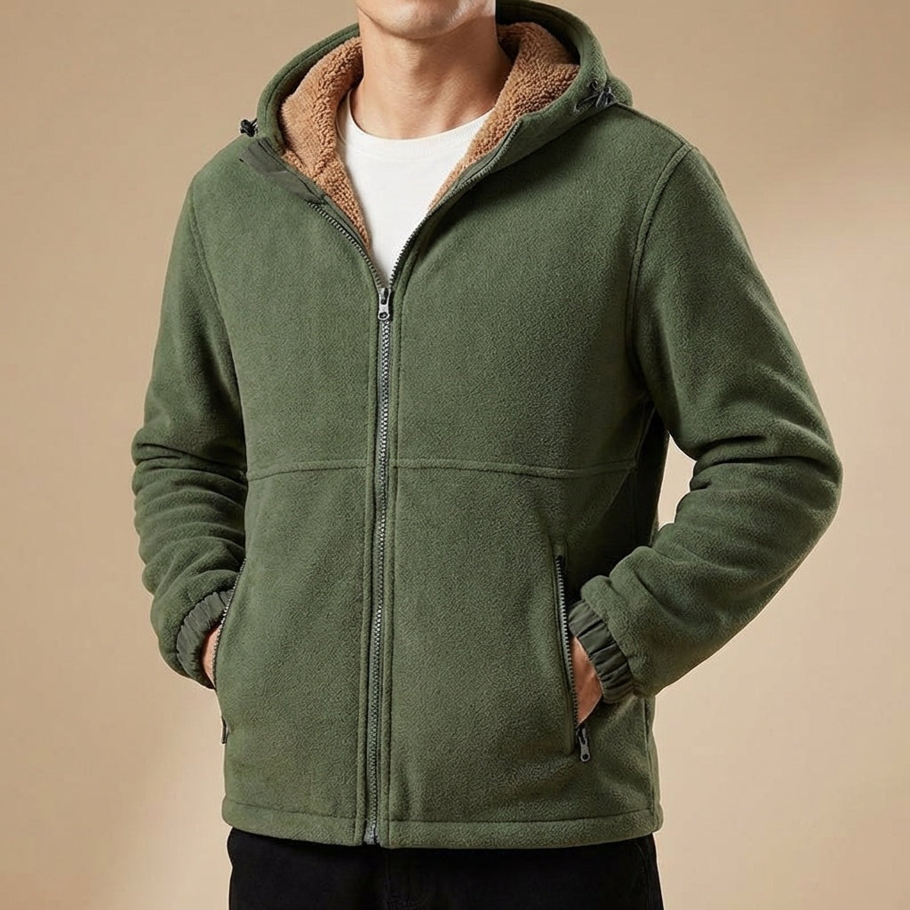 Men's fleece jacket with a teddy lining and an adjustable hood - olive green