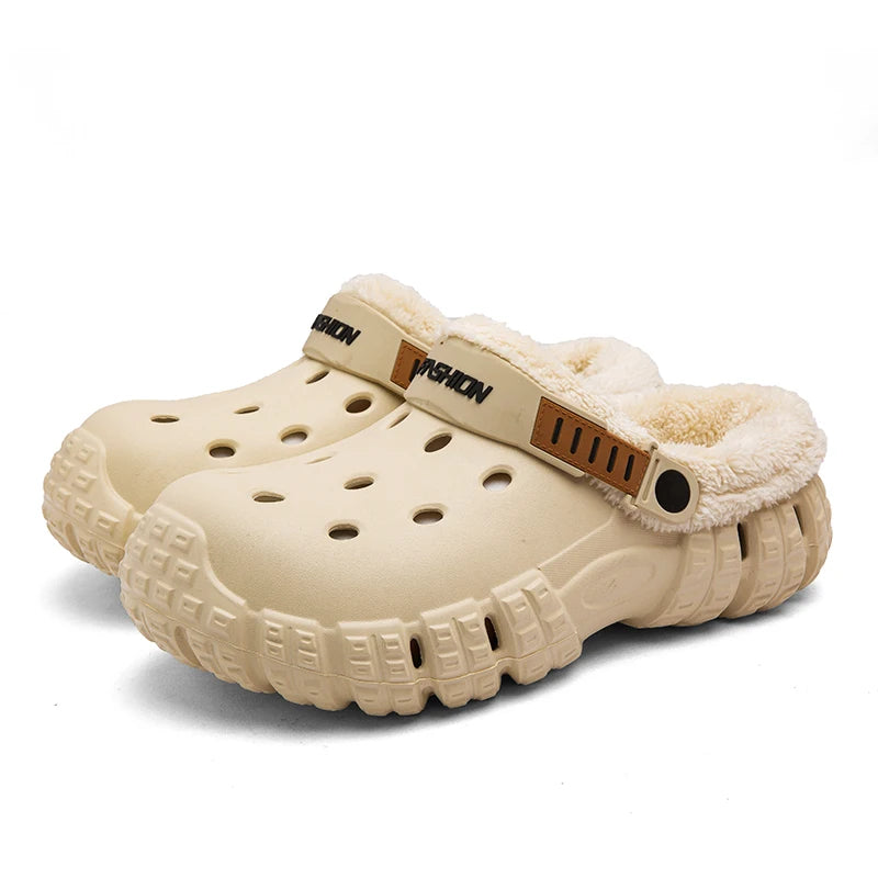 Clog slippers with a vented EVA upper, fleece lining, thick sole and pivoting heel strap - beige