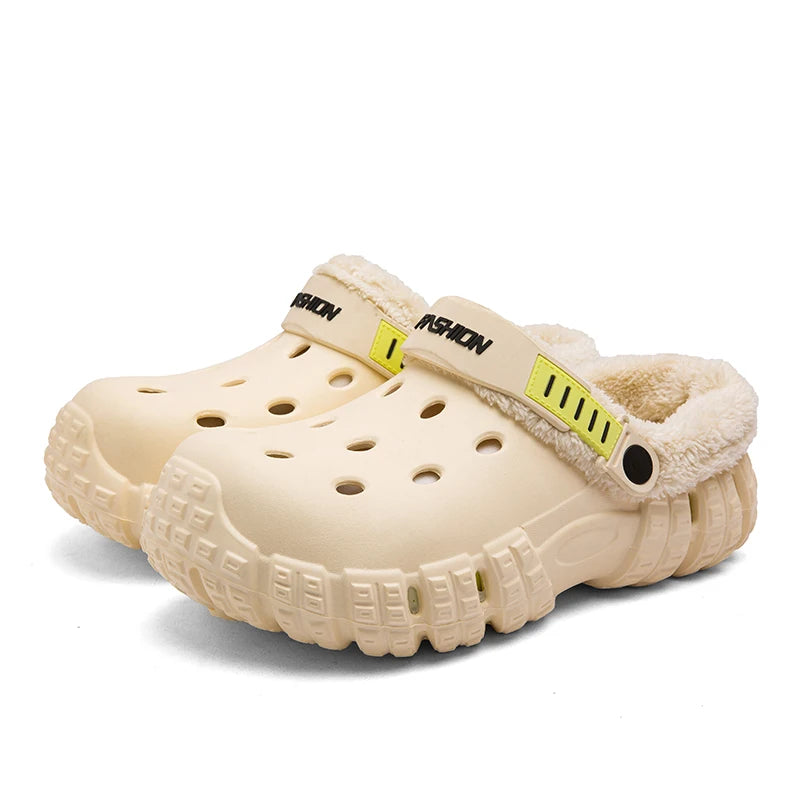 Clog slippers with a vented EVA upper, fleece lining, thick sole and pivoting heel strap - cream