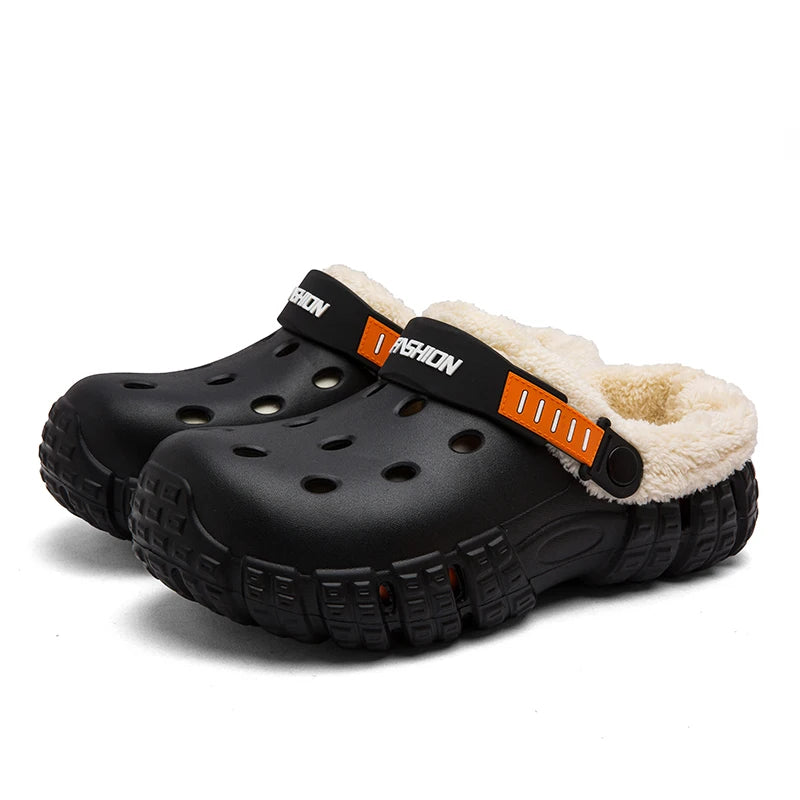 Clog slippers with a vented EVA upper, fleece lining, thick sole and pivoting heel strap - black