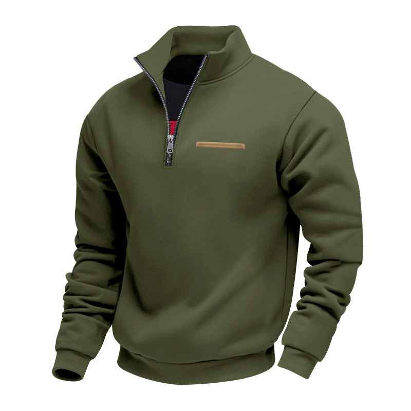 Men's quarter-zip sweatshirt with a stand collar and a trimmed chest pocket - olive