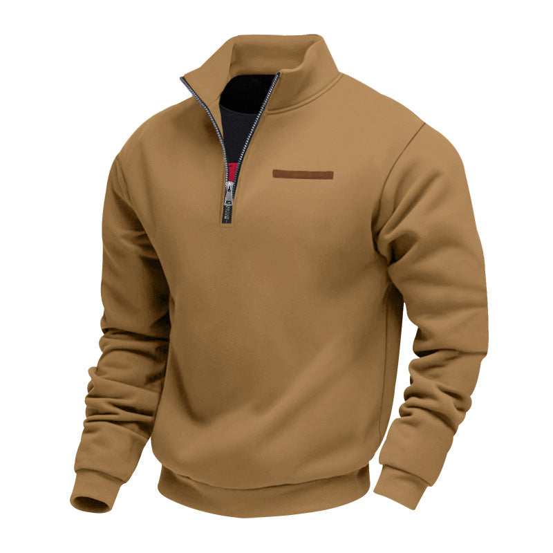 Men's quarter-zip sweatshirt with a stand collar and a trimmed chest pocket - brown