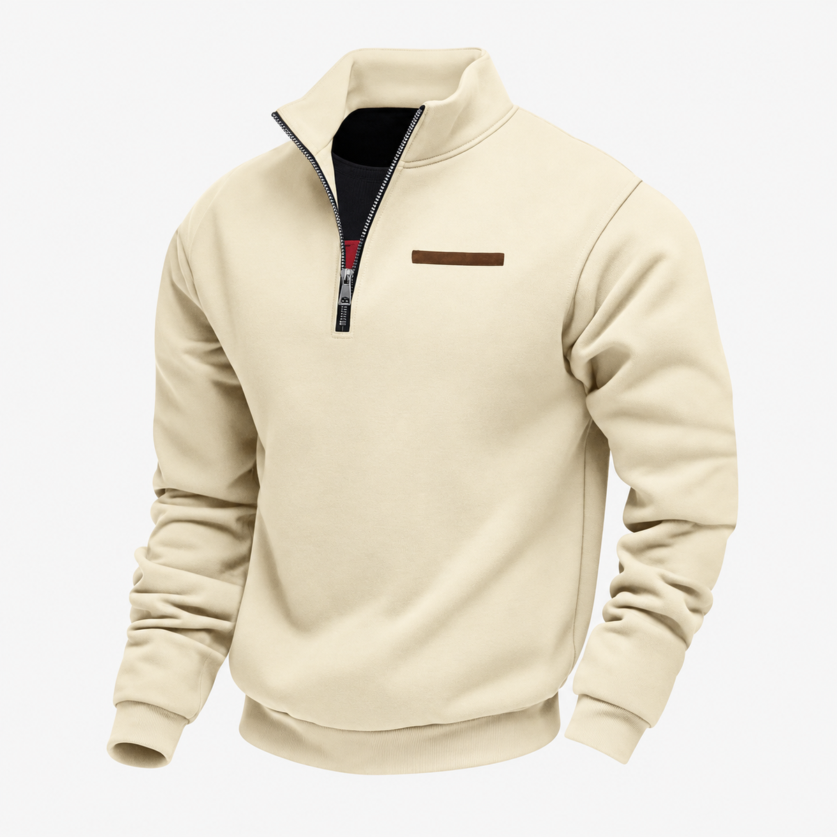 Men's quarter-zip sweatshirt with a stand collar and a trimmed chest pocket - cream