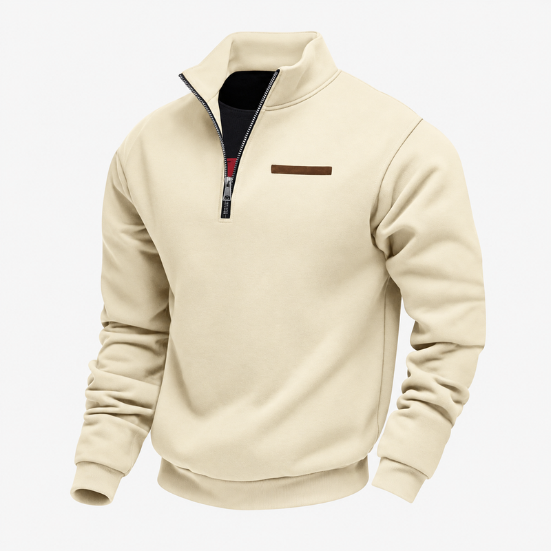 Men's quarter-zip sweatshirt with a stand collar and a trimmed chest pocket - cream