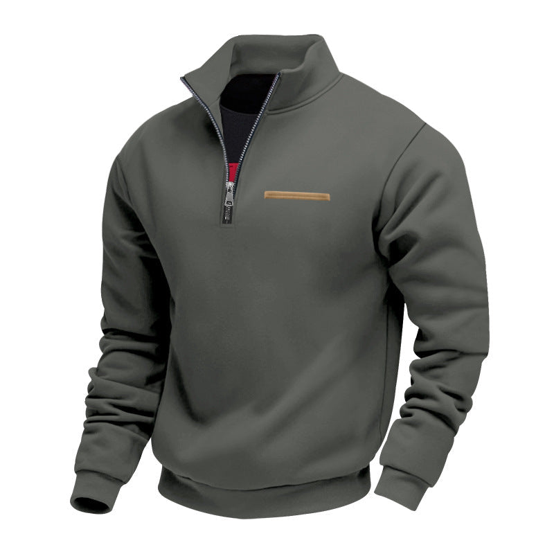 Men's quarter-zip sweatshirt with a stand collar and a trimmed chest pocket - charcoal