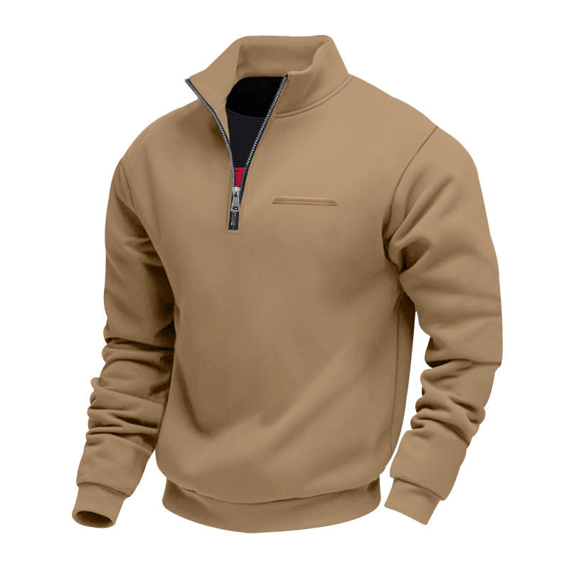 Men's quarter-zip sweatshirt with a stand collar and a trimmed chest pocket - camel