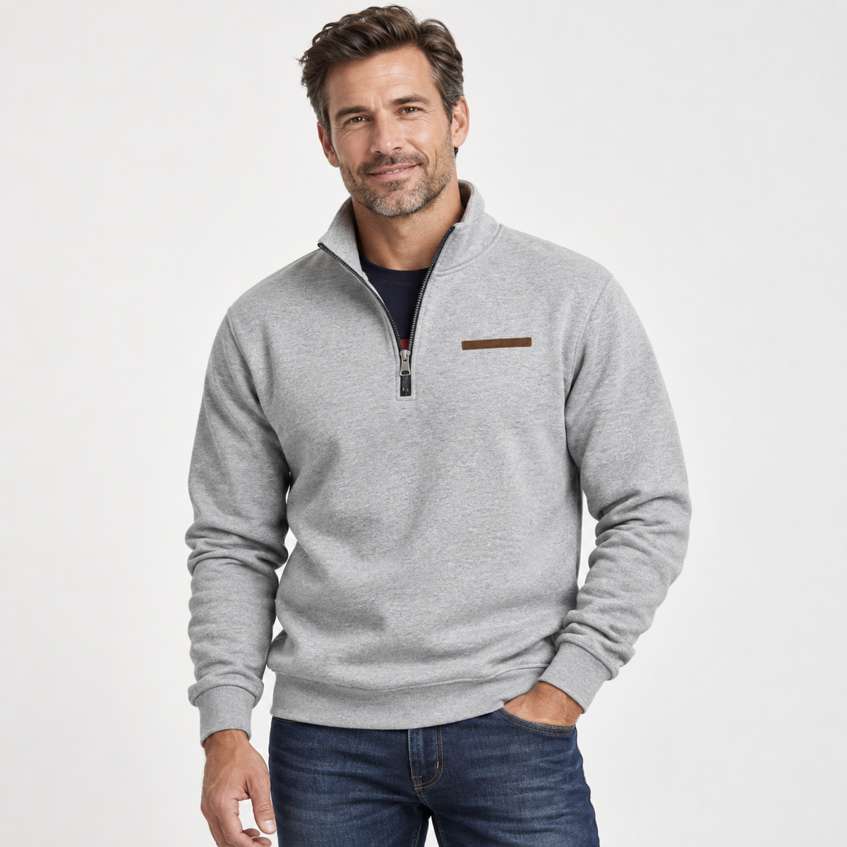 Men's quarter-zip sweatshirt with a stand collar and a trimmed chest pocket