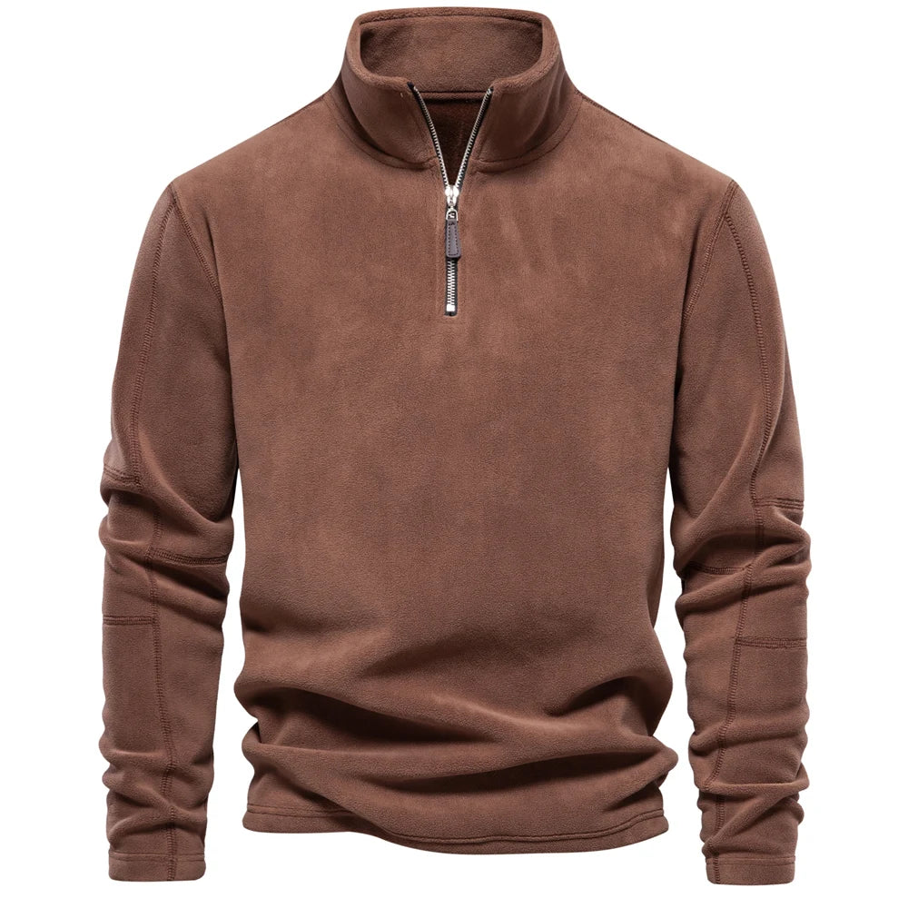 Men's fleece quarter-zip jumper with a stand collar - brown