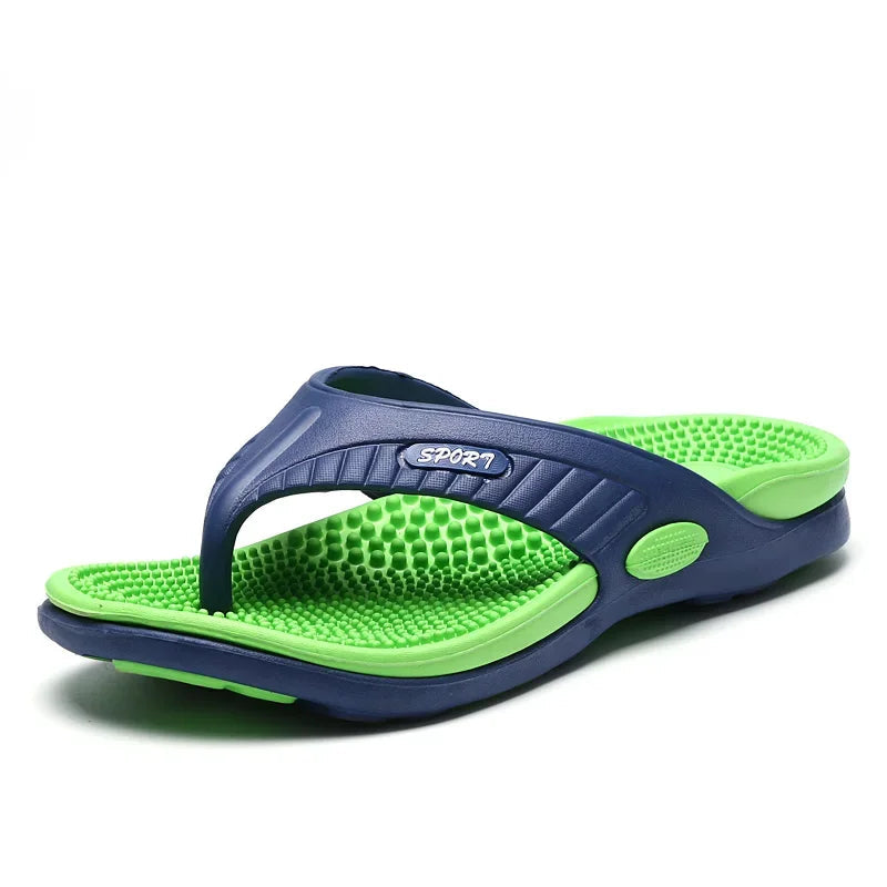 Flip flops with a studded footbed, wide toe strap and sole with tread - green