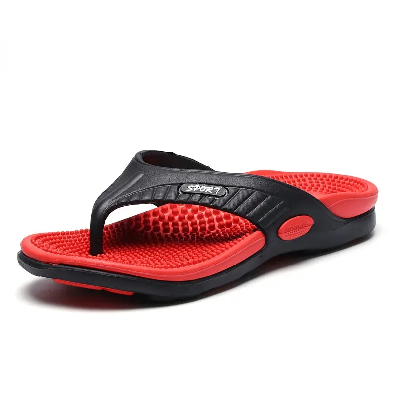 Flip flops with a studded footbed, wide toe strap and sole with tread - red