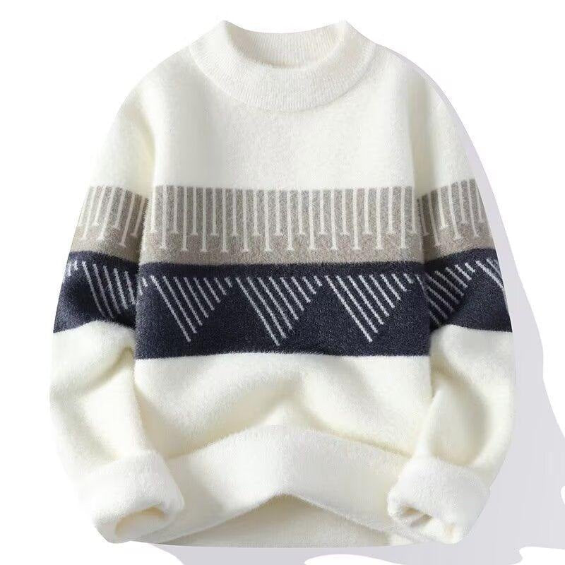 Men's fluffy knit jumper with a graphic band across the chest - off-white