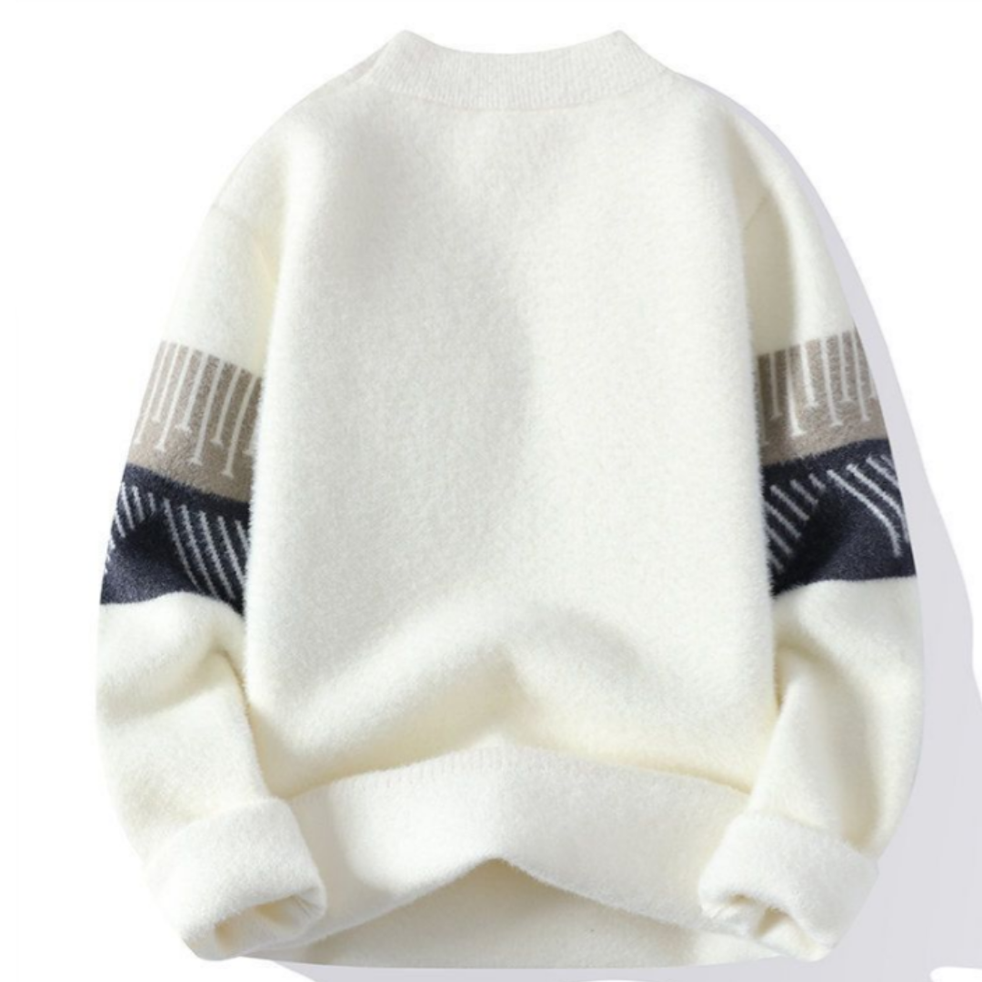 Men's fluffy knit jumper with a graphic band across the chest