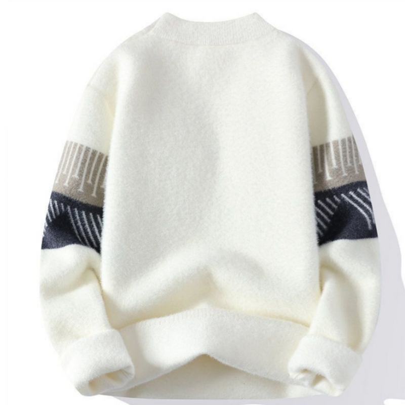 Men's fluffy knit jumper with a graphic band across the chest
