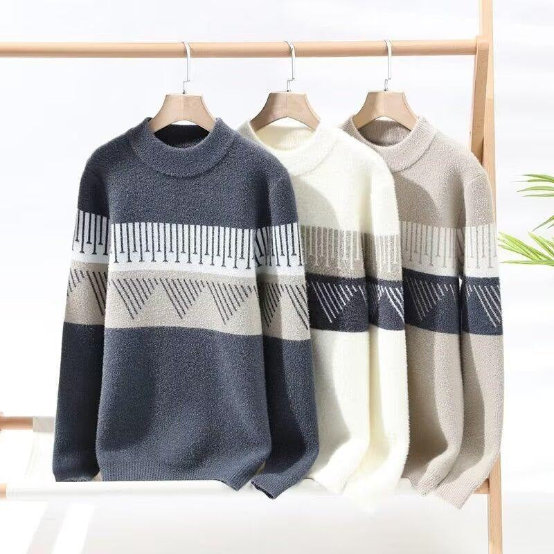 Men's fluffy knit jumper with a graphic band across the chest