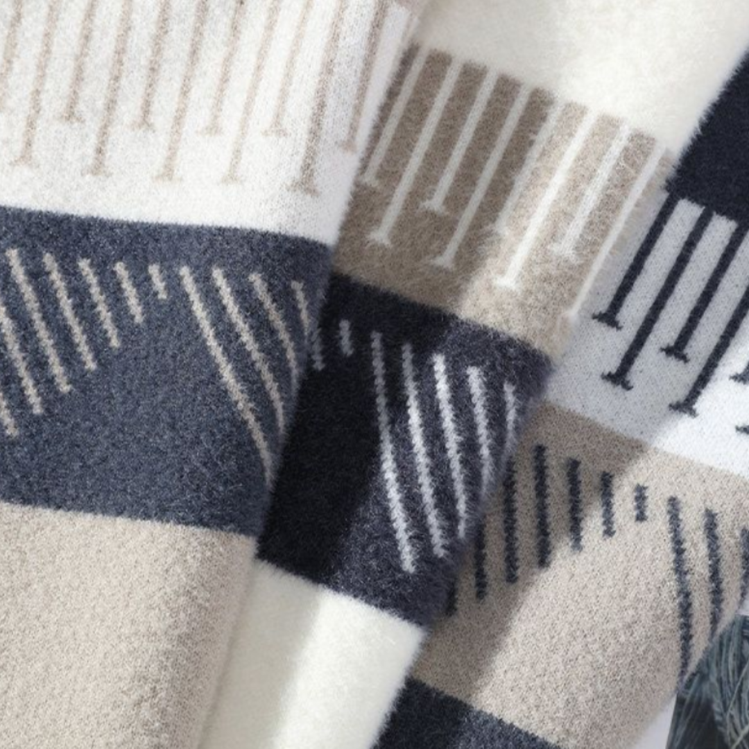 Men's fluffy knit jumper with a graphic band across the chest