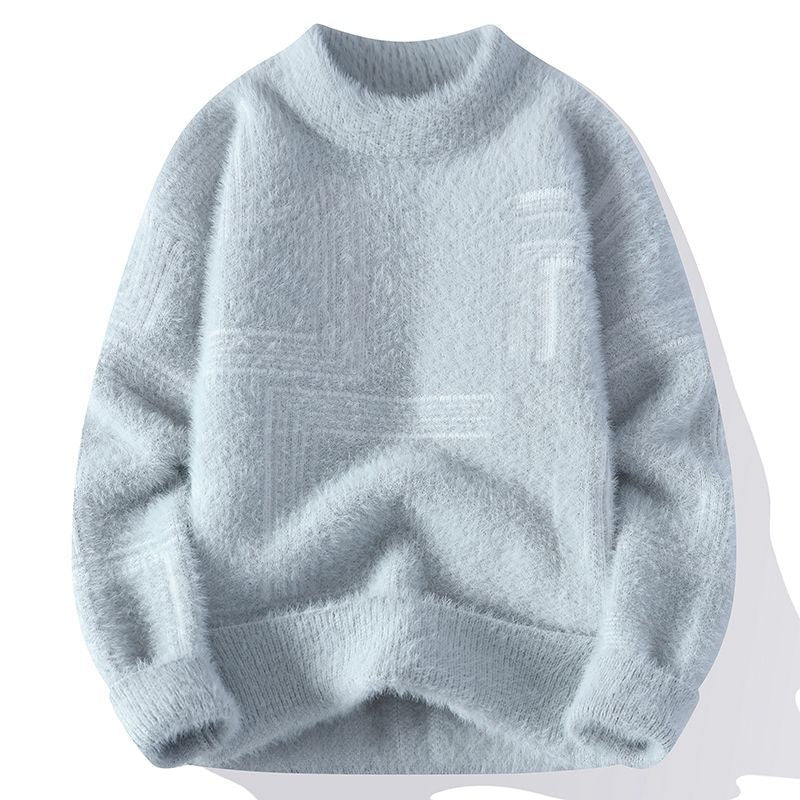 Men's fluffy knit jumper with a crew neck and a line pattern on the front - light blue