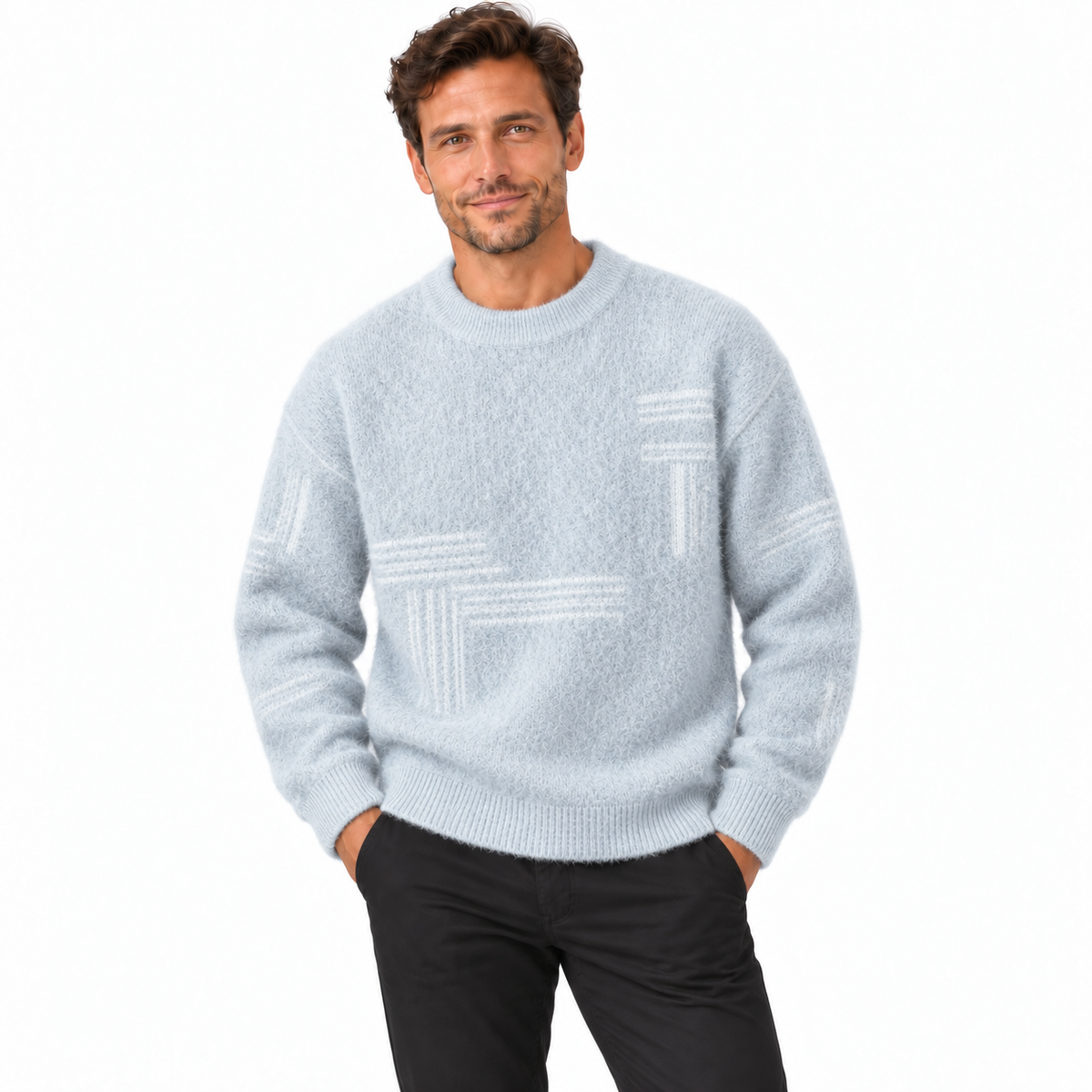 Men's fluffy knit jumper with a crew neck and a line pattern on the front