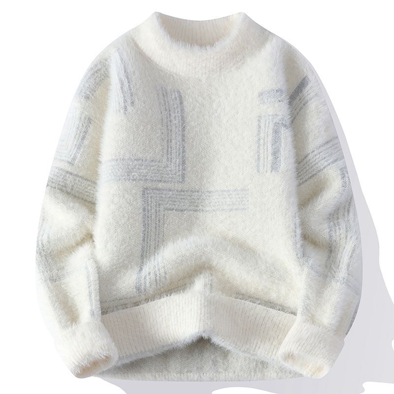 Men's fluffy knit jumper with a crew neck and a line pattern on the front - off-white