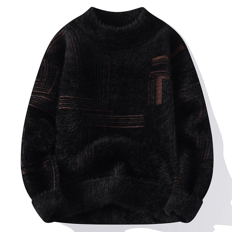 Men's fluffy knit jumper with a crew neck and a line pattern on the front - black