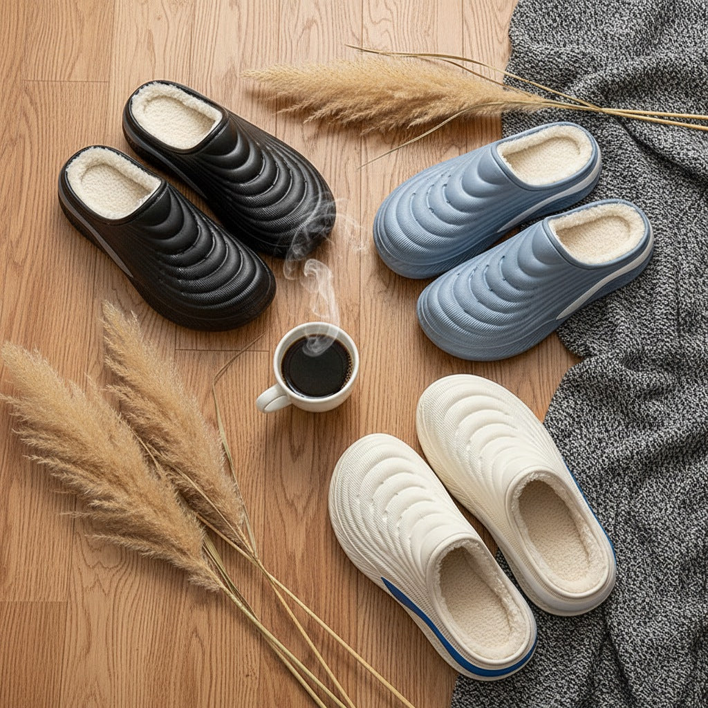 Men's fluffy slippers with open back, ribbed EVA shell, plush lining and thick sole - view 10