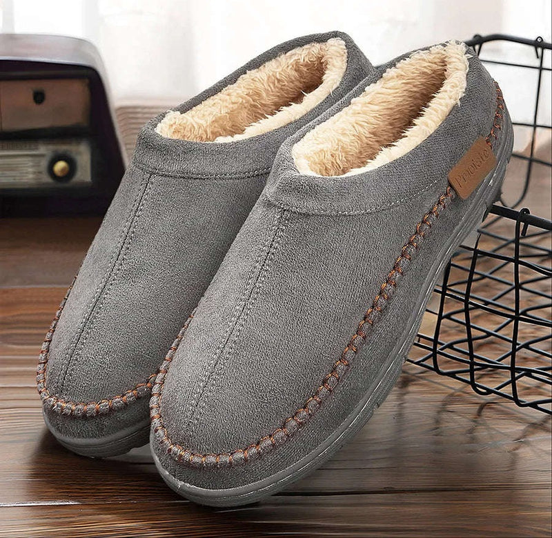 Men's fluffy slippers in suede look with plush lining, stitched welt, open back and hard sole - view 2