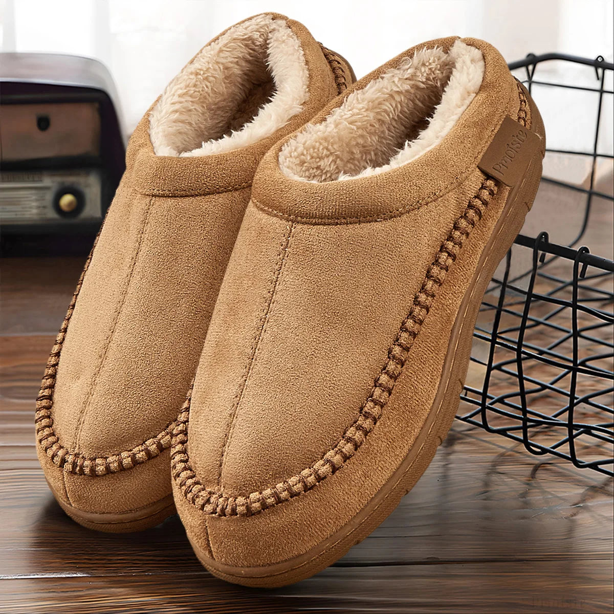 Men's fluffy slippers in suede look with plush lining, stitched welt, open back and hard sole - view 3