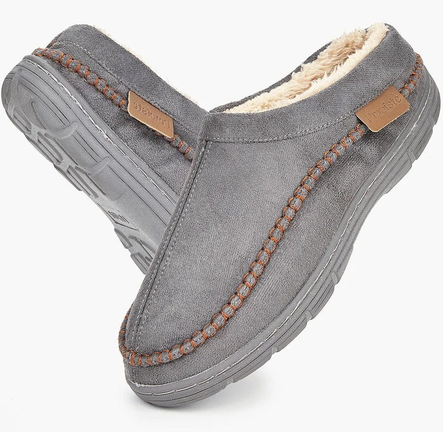 Men's fluffy slippers in suede look with plush lining, stitched welt, open back and hard sole - grey