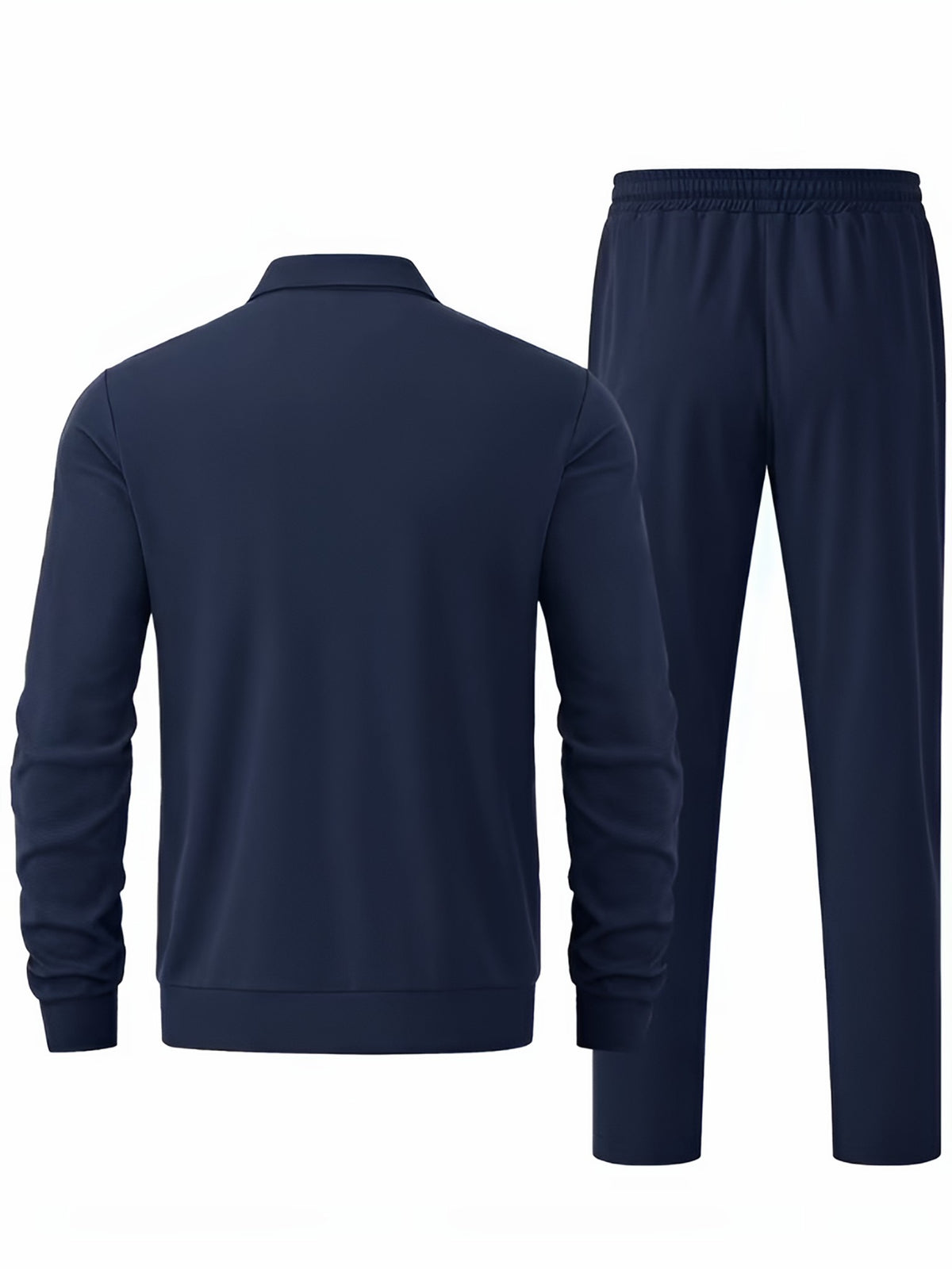 Navy tracksuit jacket and trousers laid flat