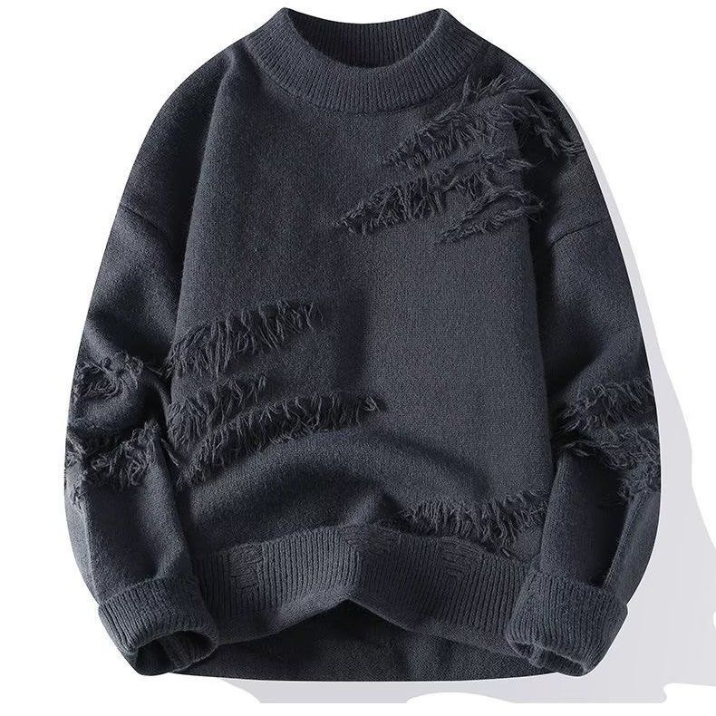 Men's relaxed jumper with frayed stripes and a crew neck - charcoal