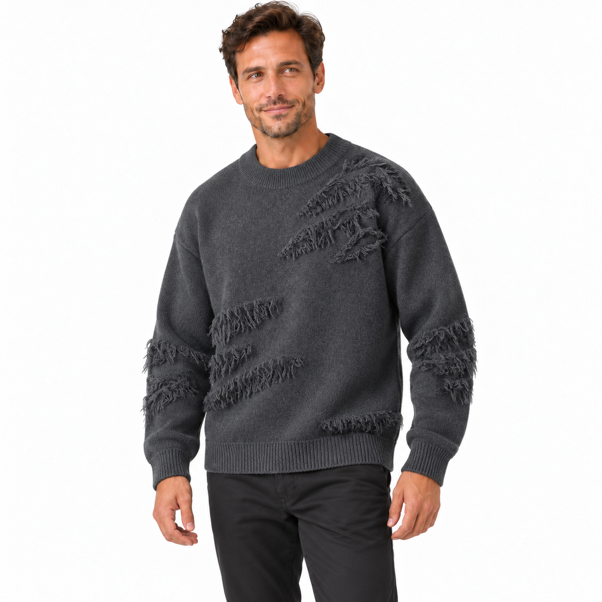 Men's relaxed jumper with frayed stripes and a crew neck