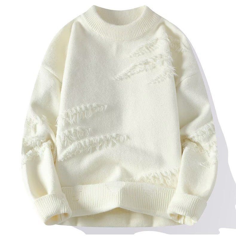 Men's relaxed jumper with frayed stripes and a crew neck - off-white