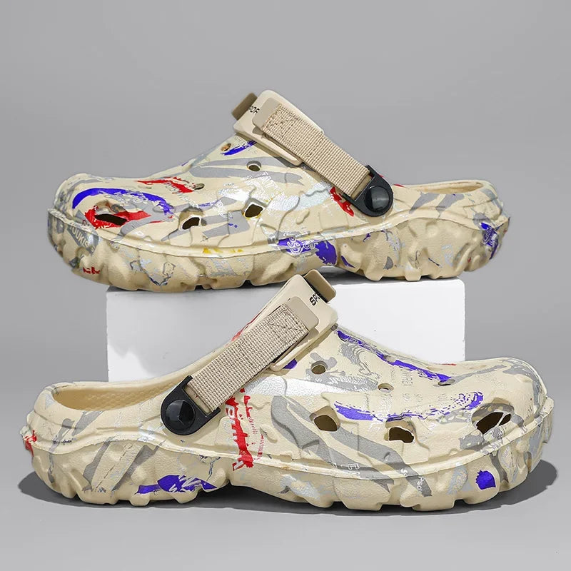 Men's garden clogs in EVA with an all-over graffiti print, vent holes and pivoting heel strap - view 3