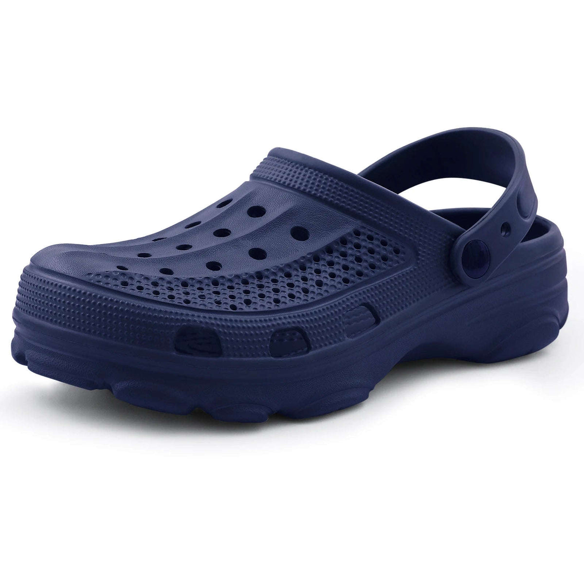 Men's EVA garden clogs with vent holes in the toe, heel strap and thick deep-tread sole - navy