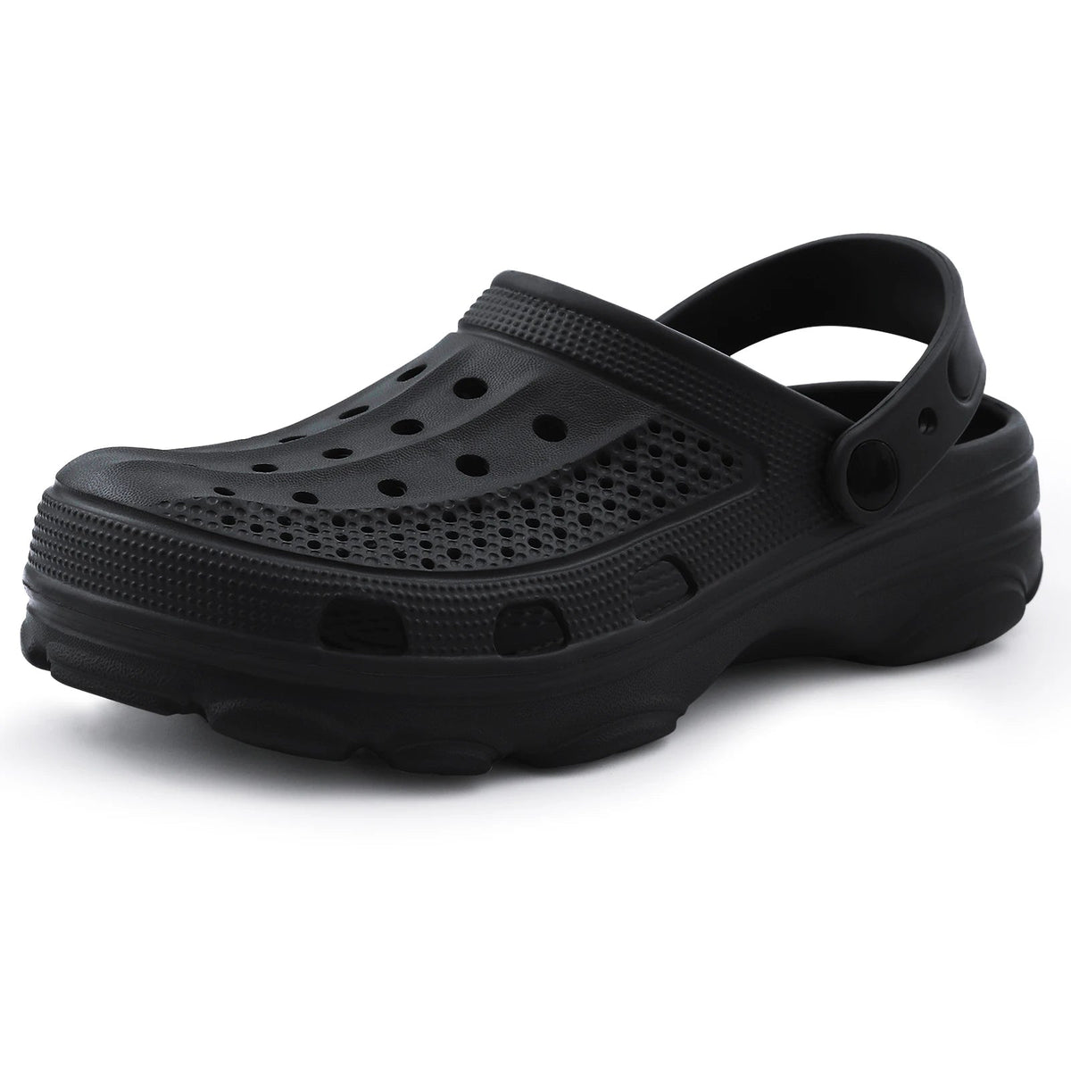 Men's EVA garden clogs with vent holes in the toe, heel strap and thick deep-tread sole - black