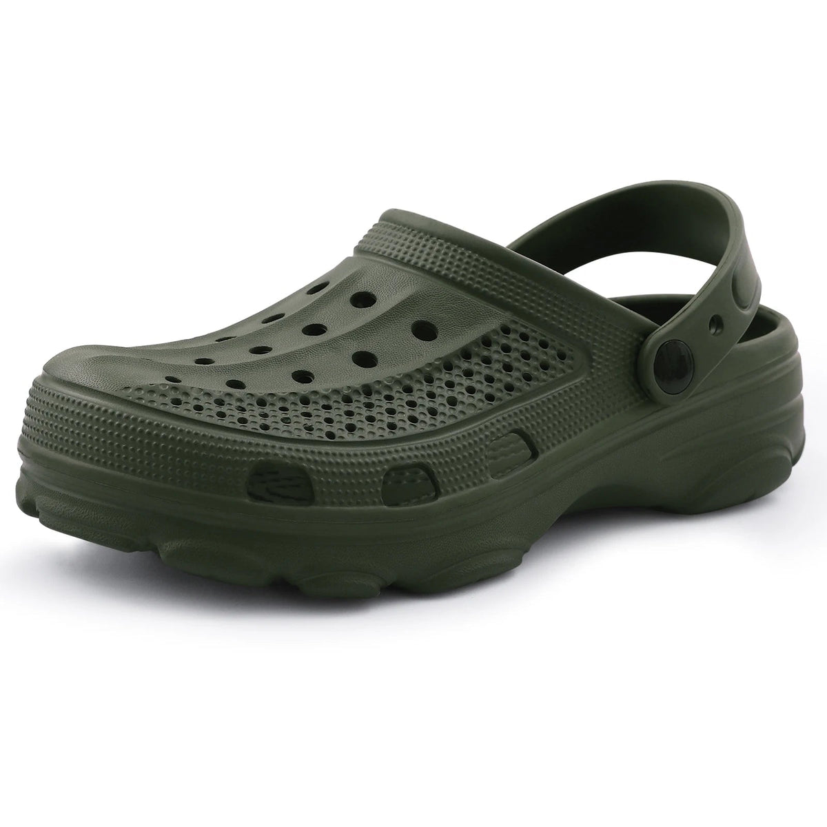 Men's EVA garden clogs with vent holes in the toe, heel strap and thick deep-tread sole - army green