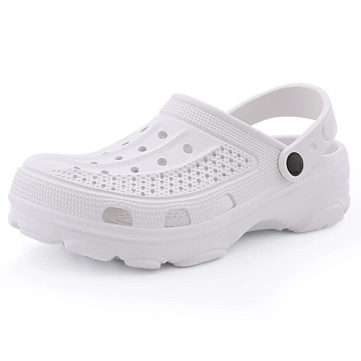 Men's EVA garden clogs with vent holes in the toe, heel strap and thick deep-tread sole - white