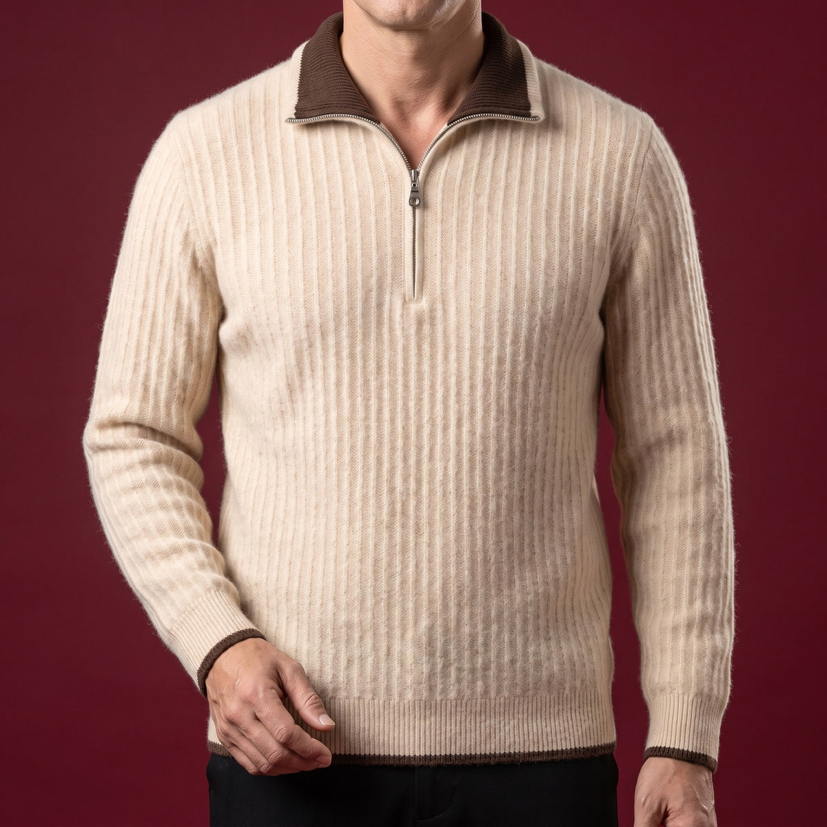 Men's ribbed half-zip jumper with a polo collar in a contrast colour - view 2