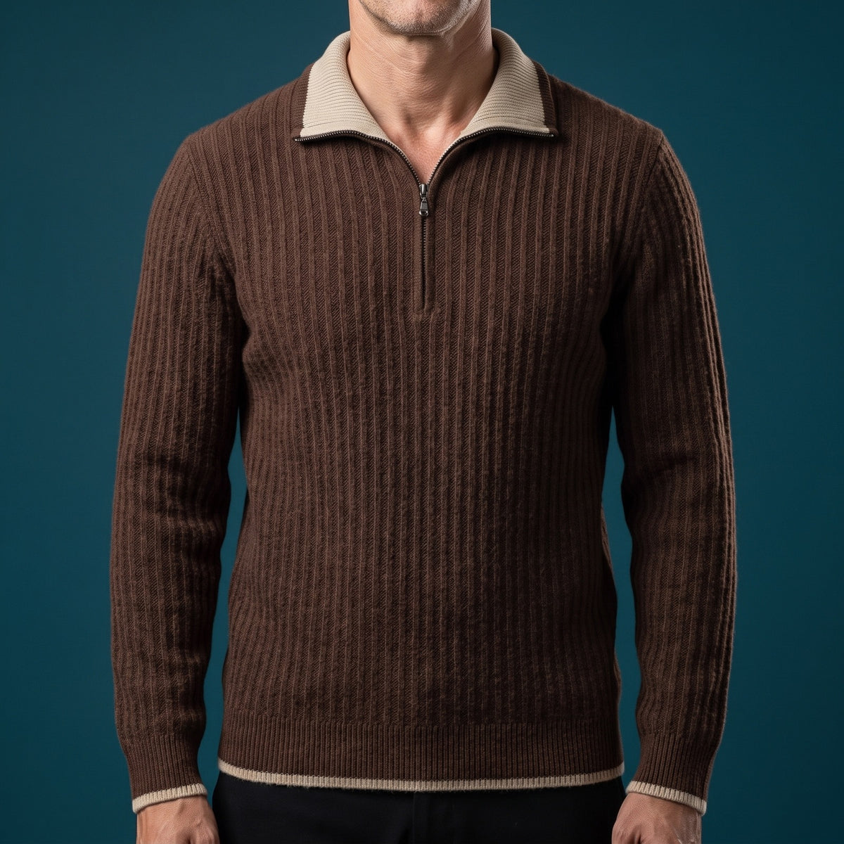 Men's ribbed half-zip jumper with a polo collar in a contrast colour - view 4