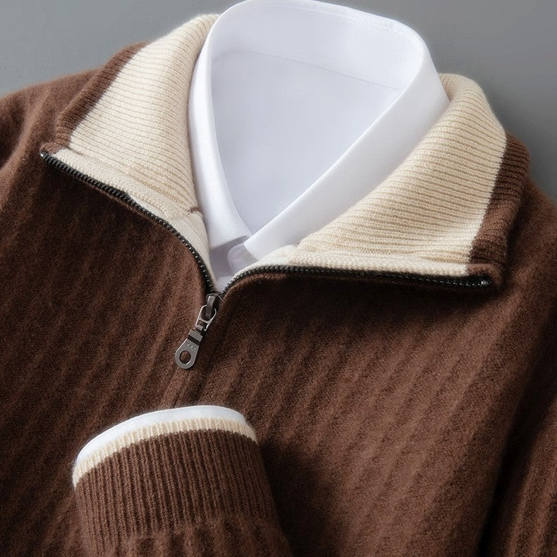 Men's ribbed half-zip jumper with a polo collar in a contrast colour - view 6