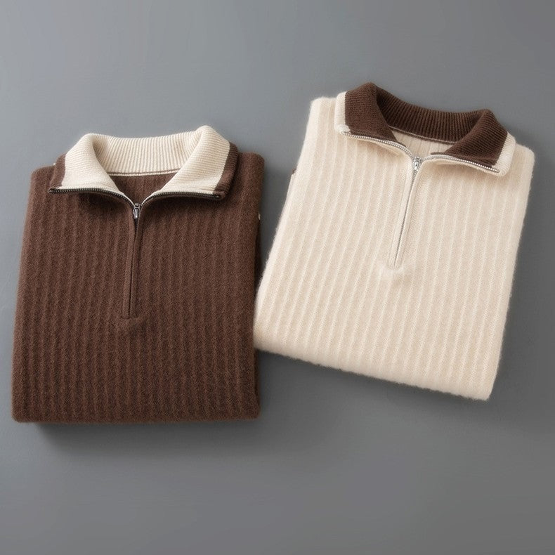 Men's ribbed half-zip jumper with a polo collar in a contrast colour - view 9