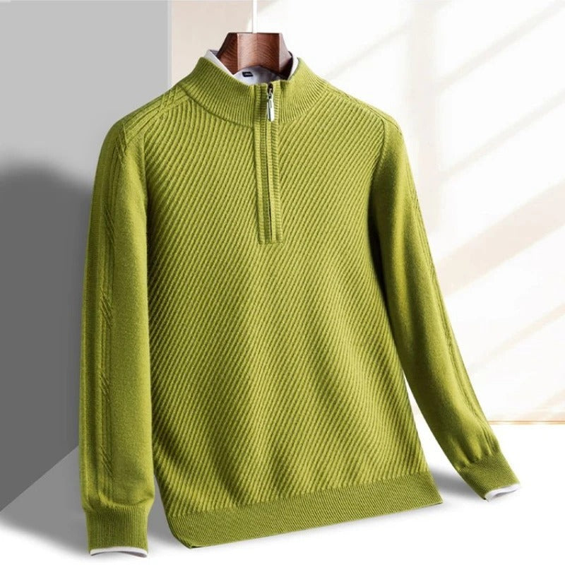 Men's half-zip jumper with a stand collar in a diagonal rib knit - lime green