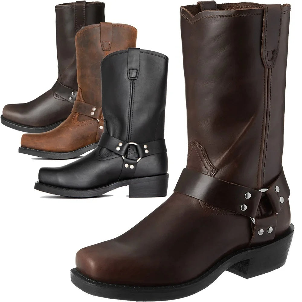 Men's harness boots in PU leather with a square toe and ring strap - view 4